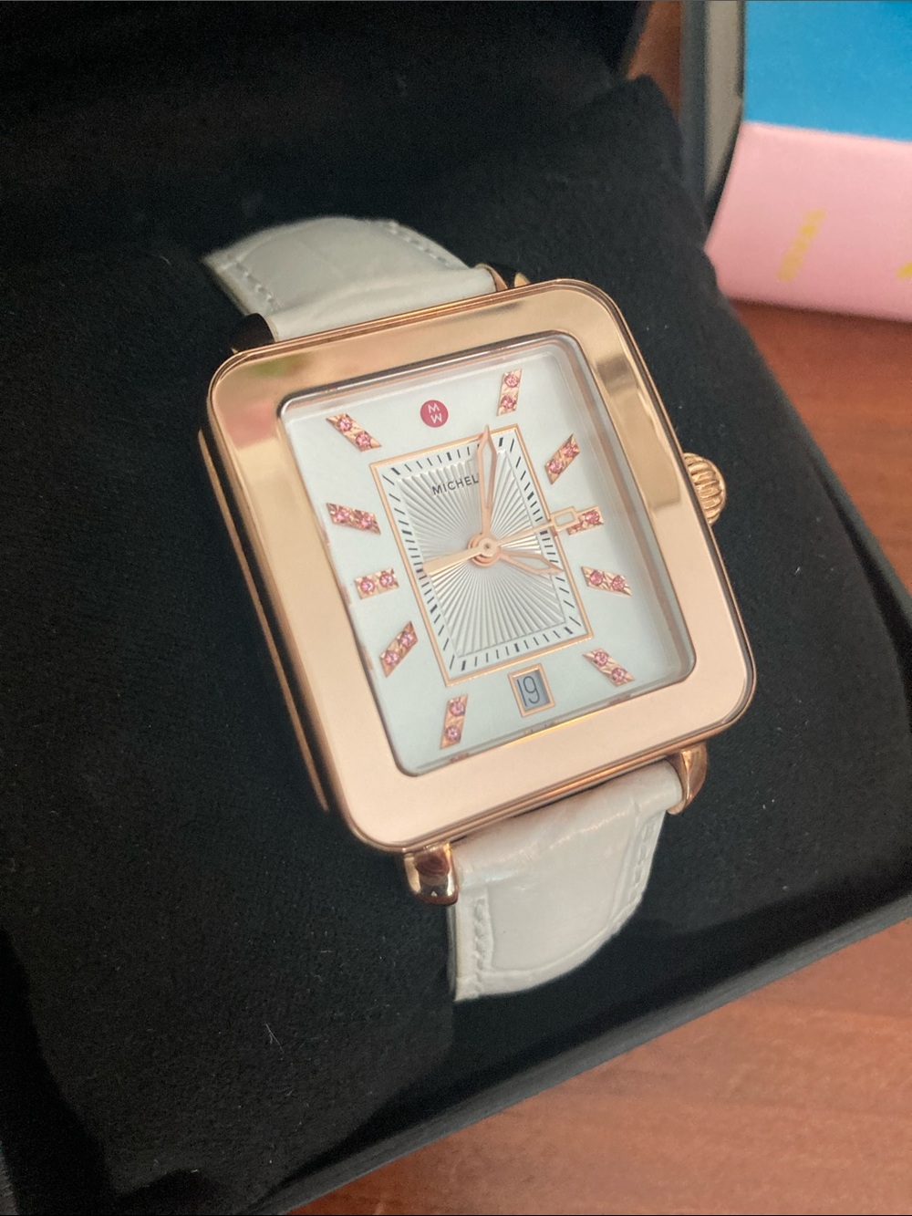 Michele Rose Gold Square Watch with White Strap and Pink Accents